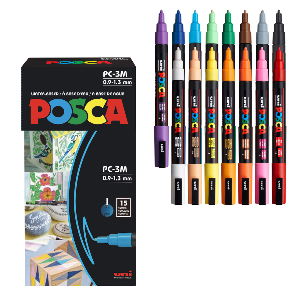 POSCA® PC-3M Water-Based Paint Markers, Fine Reversible Tip (0.9–1.3 mm), 15 Count Assorted Colors, PC3M15C, front image in package and out of packaging