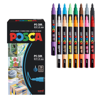 POSCA® PC-3M Water-Based Paint Markers, Fine Reversible Tip (0.9–1.3 mm), 15 Count Assorted Colors, PC3M15C, front image in package and out of packaging