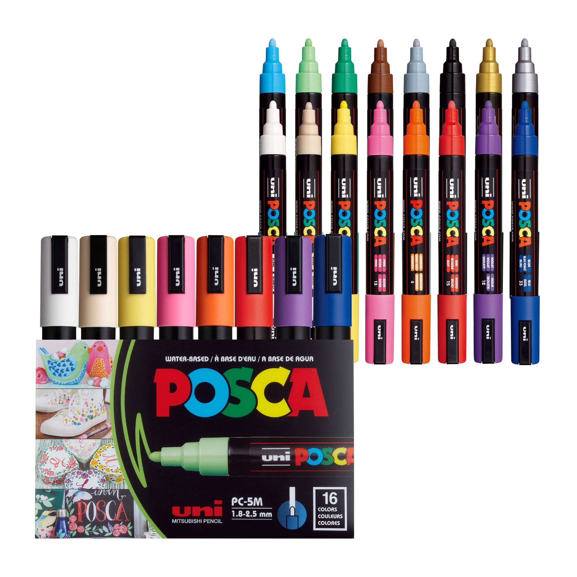 POSCA® PC-5M Water-Based Paint Markers, Medium Reversible Tip (1.0–4.0 mm), 16 Count Assorted Colors, PC5M16C, Front image in package and out of packaging
