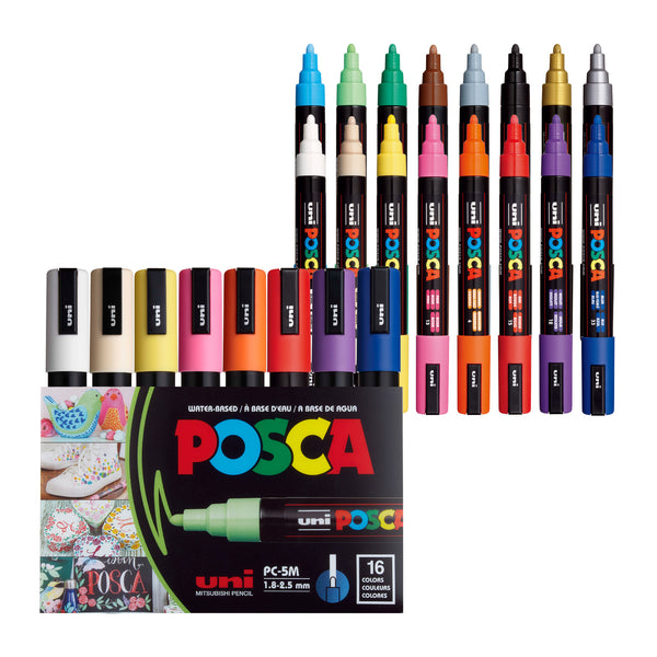 POSCA® PC-5M Water-Based Paint Markers, Medium Reversible Tip (1.0–4.0 mm), 16 Count Assorted Colors, PC5M16C, Front image in package and out of packaging