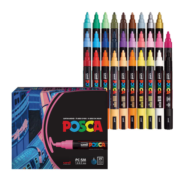 POSCA® PC-5M Water-Based Paint Markers, Medium Reversible Tip (1.8–2.5 mm), 29 Count Assorted Colors, B06ZYKRQJQ, Front Image in package and out of packaging