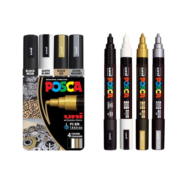 POSCA® PC-5M Water-Based Paint Markers, Medium Reversible Tip (1.8–2.5 mm), 4 Count Assorted Colors, PC5M4C, Front Image in package and out of packaging