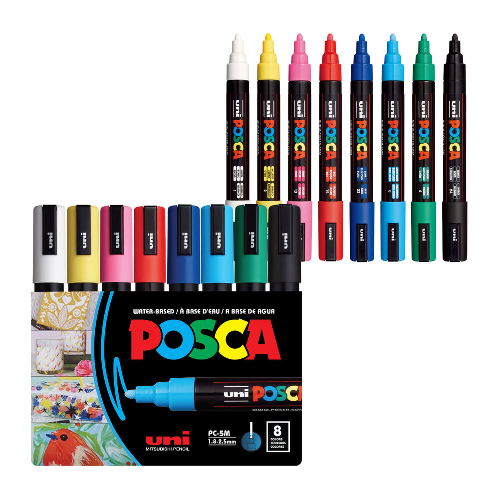 POSCA® PC-5M Water-Based Paint Markers, Medium Reversible Tip (1.8–2.5 mm), 8 Count Assorted Colors, 70495, Front Image in package and out of packaging