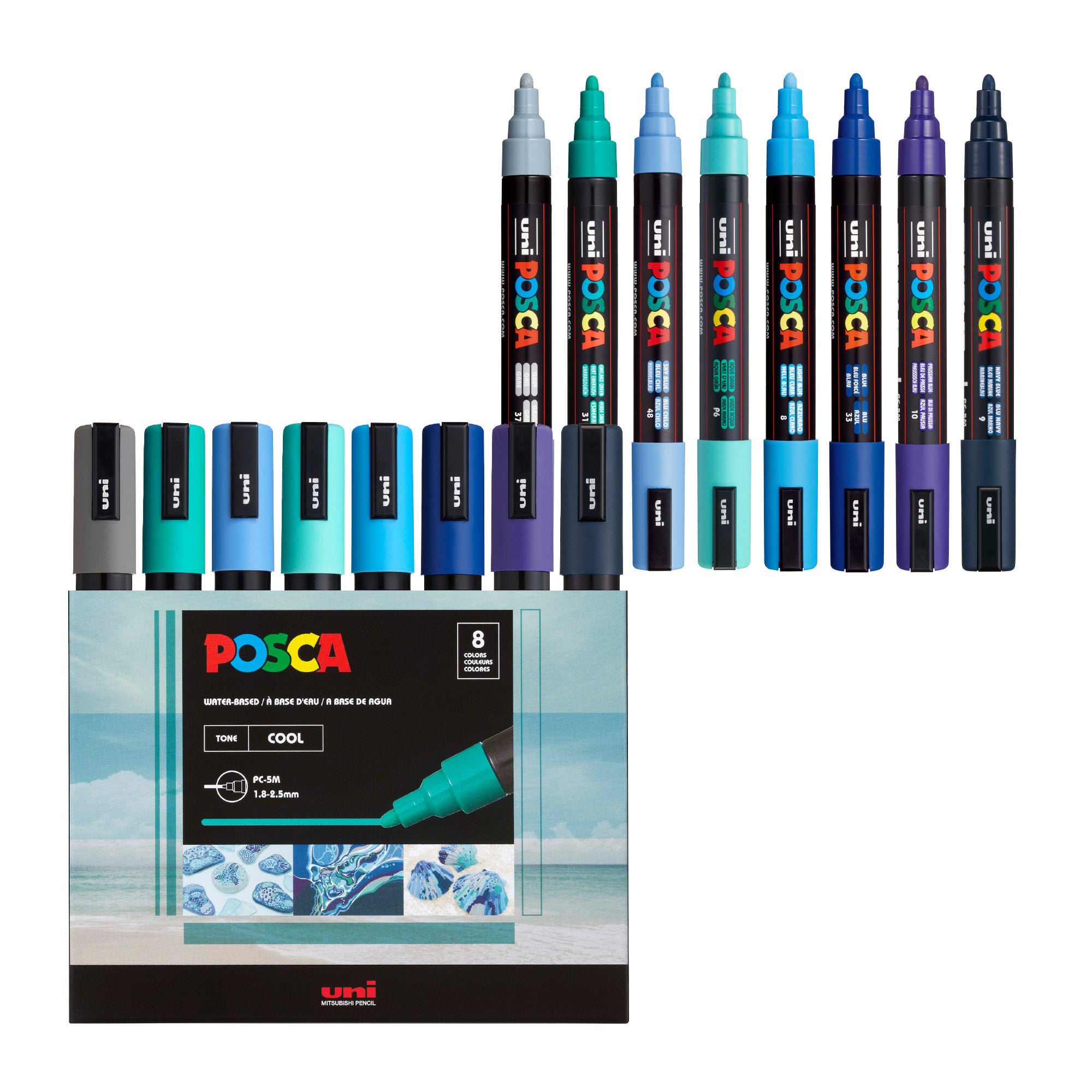 POSCA® PC-5M Water-Based Paint Markers, Medium Reversible Tip (1.8–2.5 mm), 8 Count Assorted Cool Tones, PC5M8CCOOLTONE, Front Image in package and out of packaging