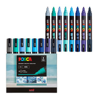 POSCA® PC-5M Water-Based Paint Markers, Medium Reversible Tip (1.8–2.5 mm), 8 Count Assorted Cool Tones, PC5M8CCOOLTONE, Front Image in package and out of packaging