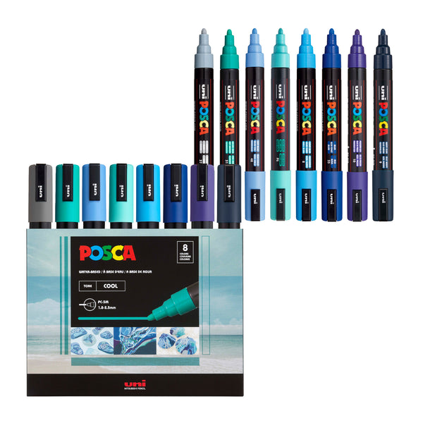 POSCA® PC-5M Water-Based Paint Markers, Medium Reversible Tip (1.8–2.5 mm), 8 Count Assorted Cool Tones, PC5M8CCOOLTONE, Front Image in package and out of packaging