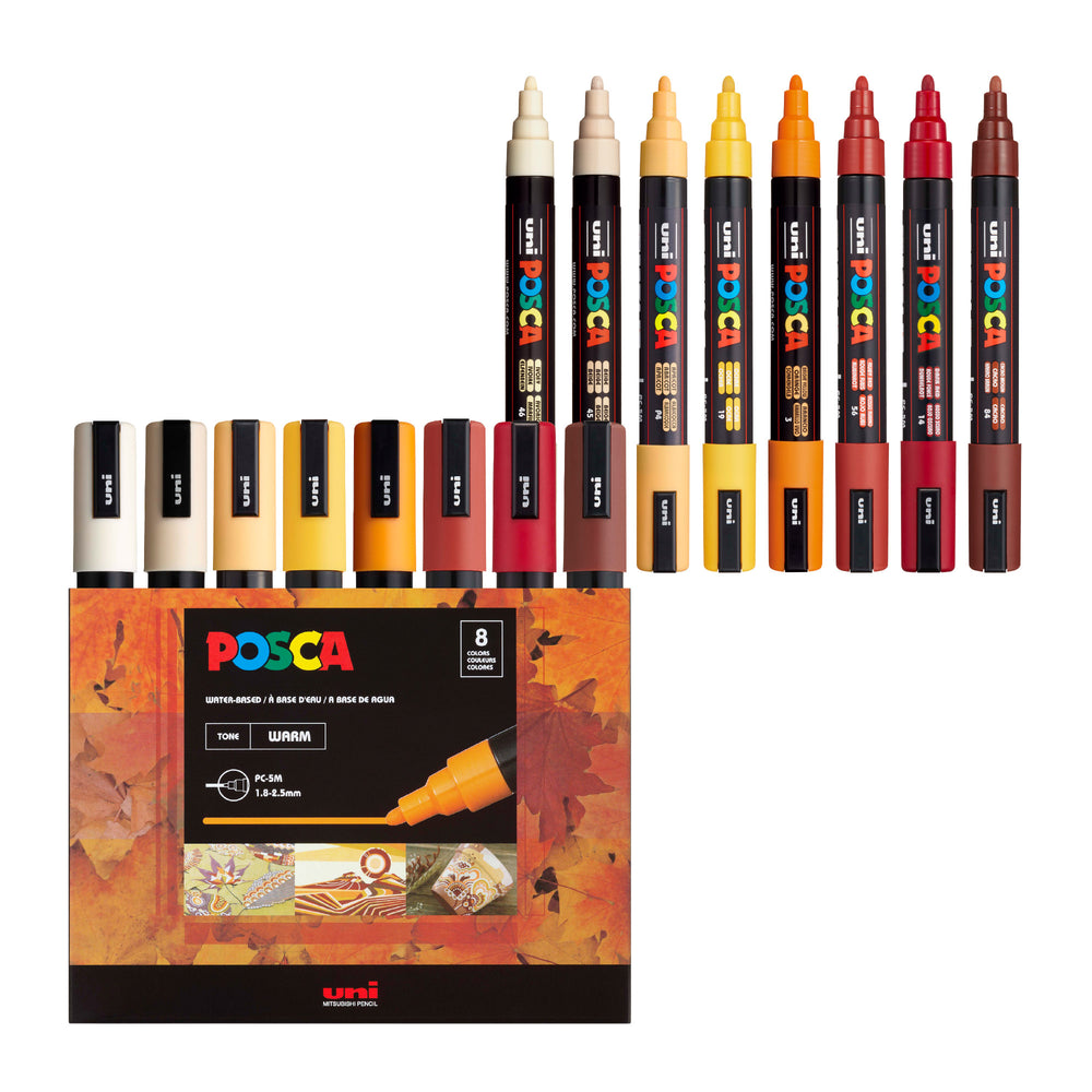 POSCA® PC-5M Water-Based Paint Markers, Medium Reversible Tip (1.8–2.5 mm), 8 Count Assorted Warm Tones, PC5M8CWARMTONE, Front Image in package and out of packaging