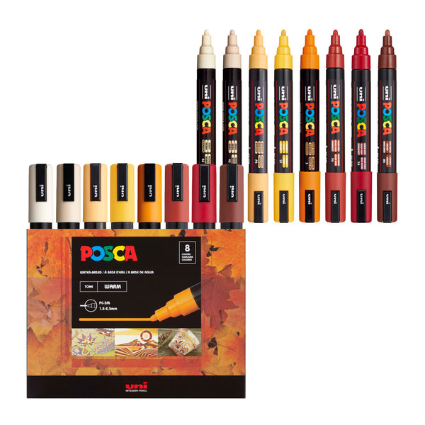 POSCA® PC-5M Water-Based Paint Markers, Medium Reversible Tip (1.8–2.5 mm), 8 Count Assorted Warm Tones, PC5M8CWARMTONE, Front Image in package and out of packaging