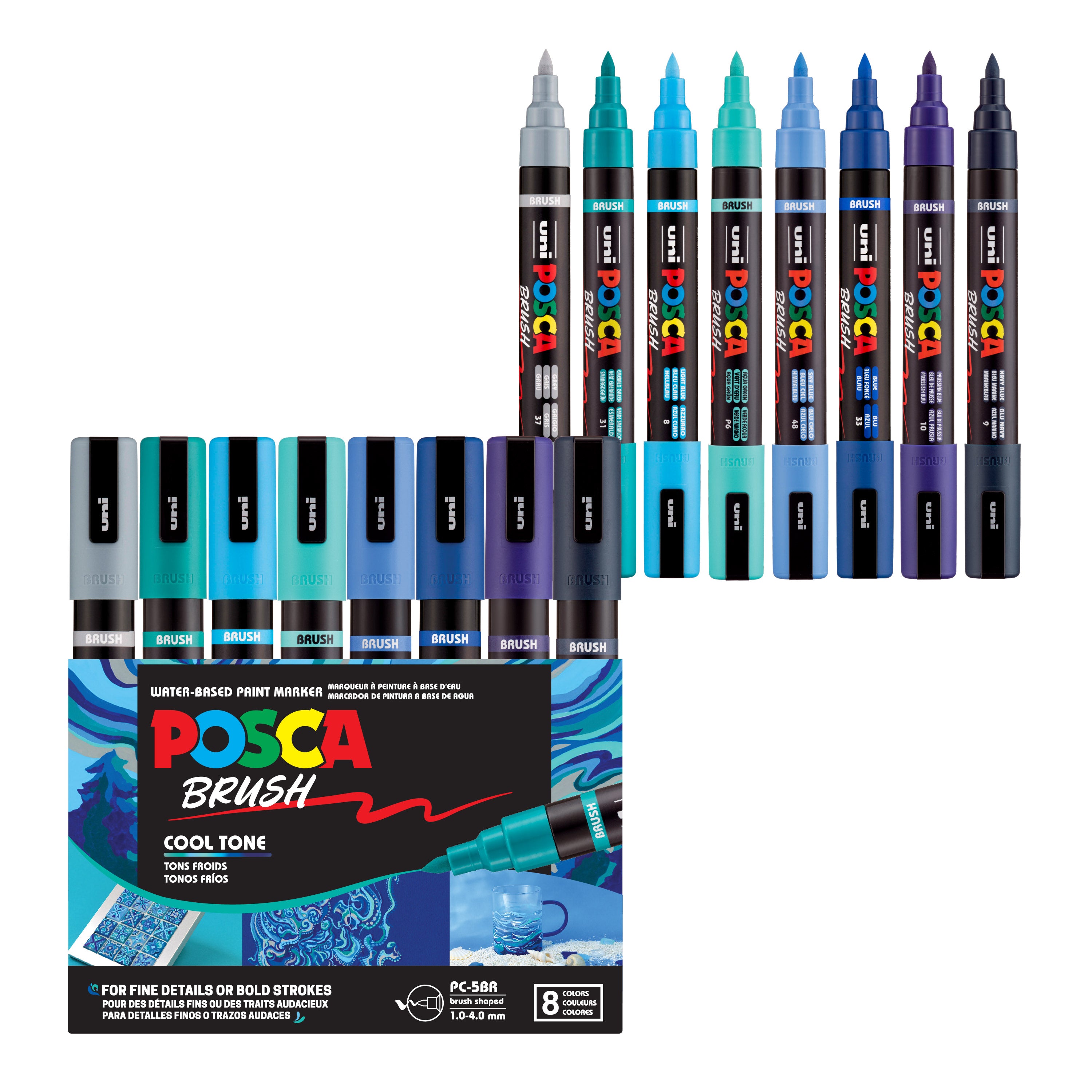 POSCA® PC-5BR Water-Based Paint Markers, Reversible Brush Tip (1.0–4.0 mm), 8 Count Assorted Cool Tones,  354548000, Front Image in package and out of packaging