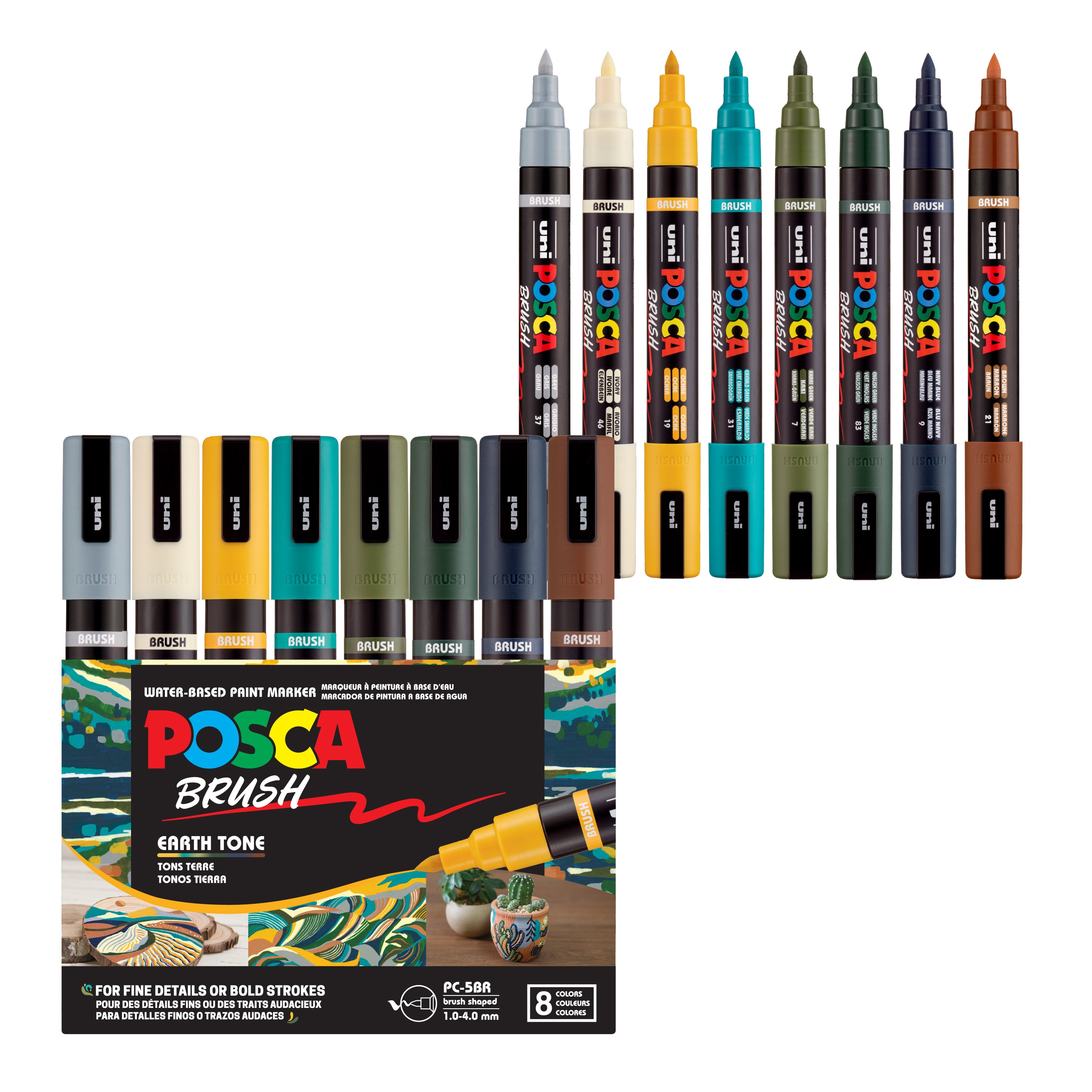 POSCA® PC-5BR Water-Based Paint Markers, Reversible Brush Tip (1.0–4.0 mm), 8 Count Assorted Earth Tones, 354555000, Front Image in package and out of packaging