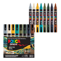 POSCA® PC-5BR Water-Based Paint Markers, Reversible Brush Tip (1.0–4.0 mm), 8 Count Assorted Earth Tones, 354555000, Front Image in package and out of packaging