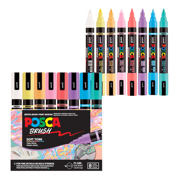 POSCA® PC-5BR Water-Based Paint Markers, Reversible Brush Tip (1.0–4.0 mm),8 Count Assorted Soft Colors, 354522000, Front Image in package and out of packaging