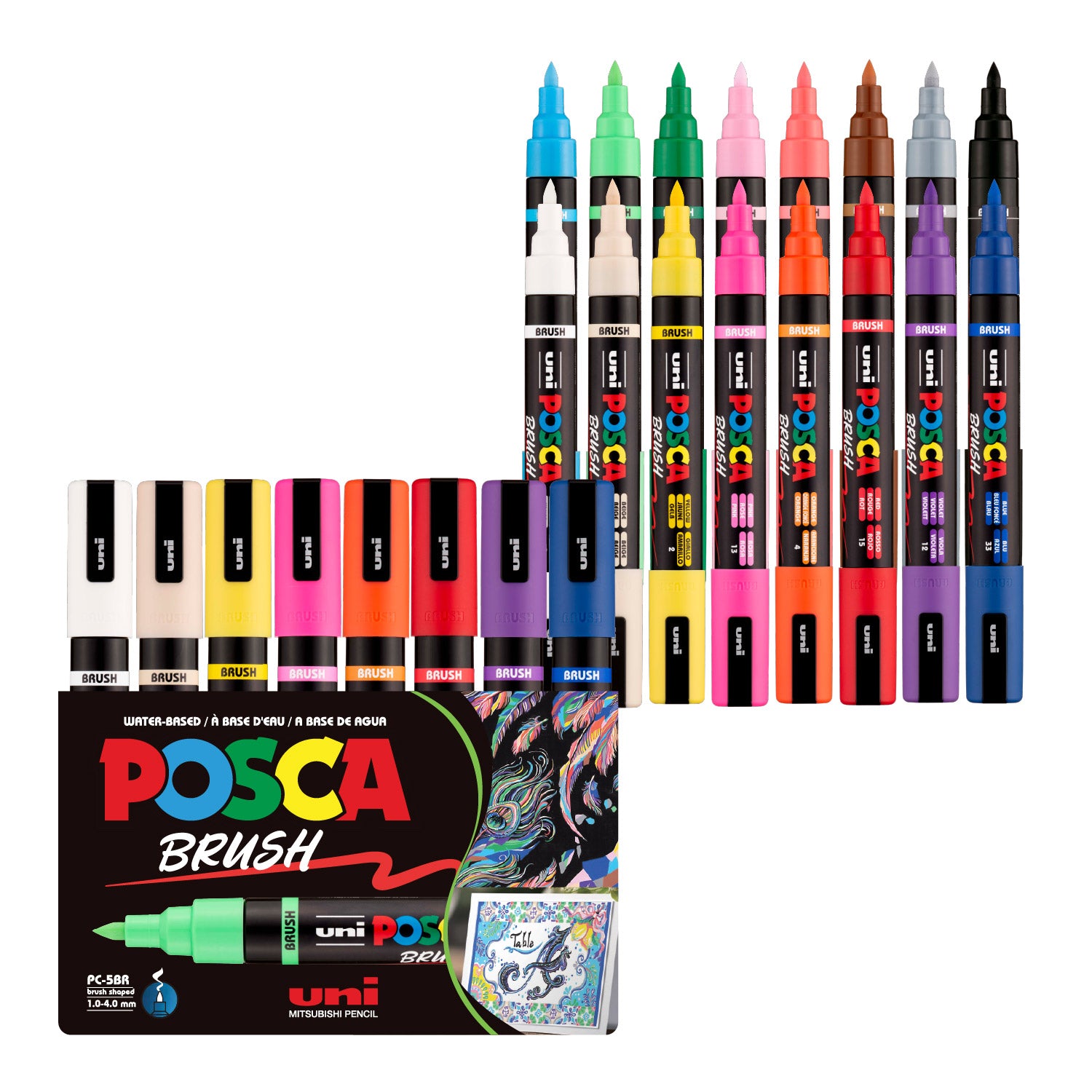 POSCA® PC-5BR Water-Based Paint Markers, Reversible Brush Tip (1.0–4.0 mm), 16 Count Assorted Colors, 311902000, Front Image in package and out of packaging