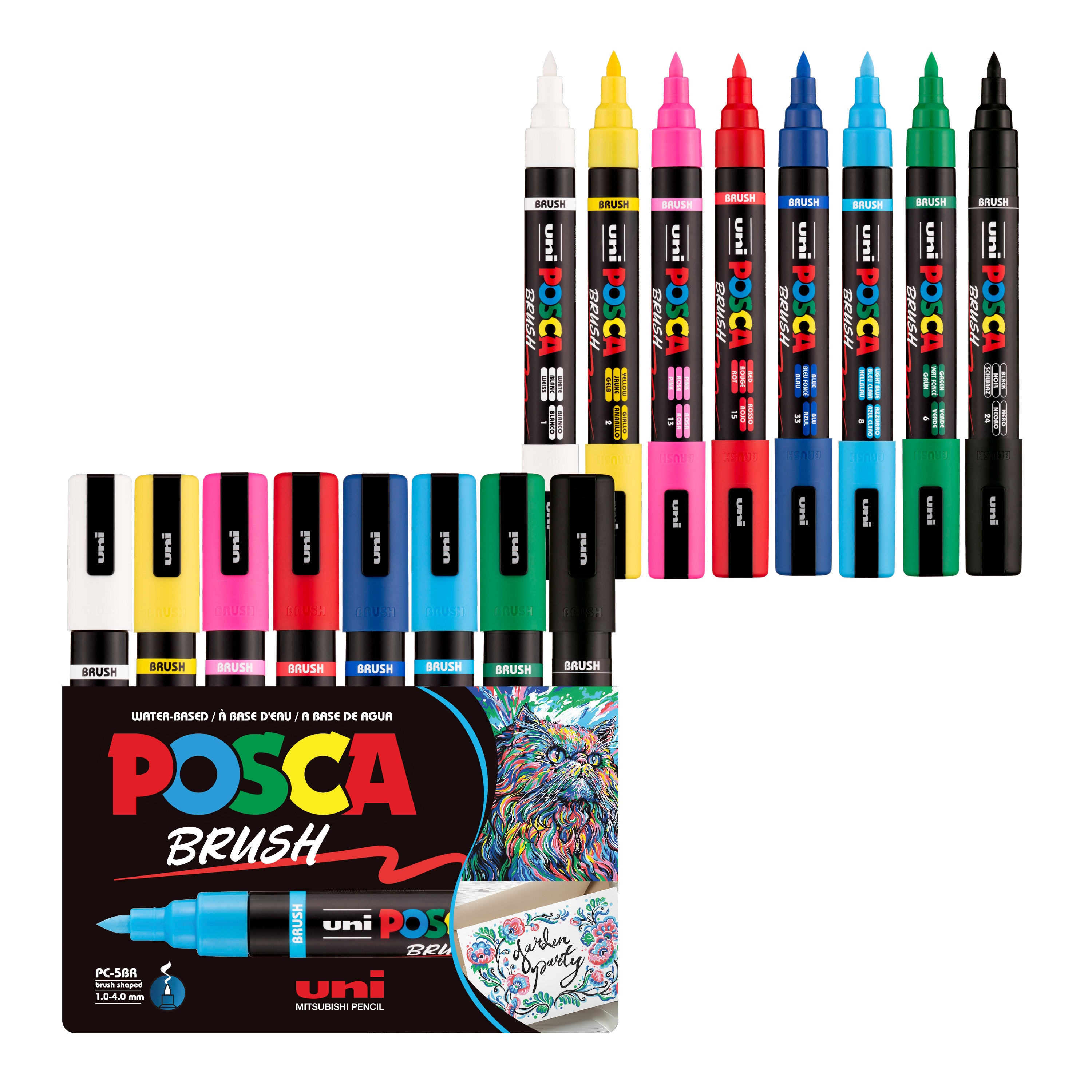 POSCA® PC-5BR Water-Based Paint Markers, Reversible Brush Tip (1.0–4.0 mm), 8 Count Assorted Earth Tones, 354555000, Front Image in package and out of packaging