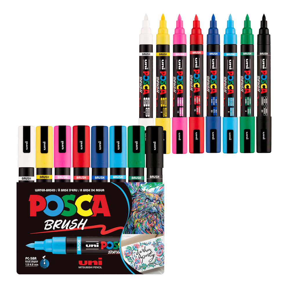 POSCA® PC-5BR Water-Based Paint Markers, Reversible Brush Tip (1.0–4.0 mm), 8 Count Assorted Earth Tones, 354555000, Front Image in package and out of packaging