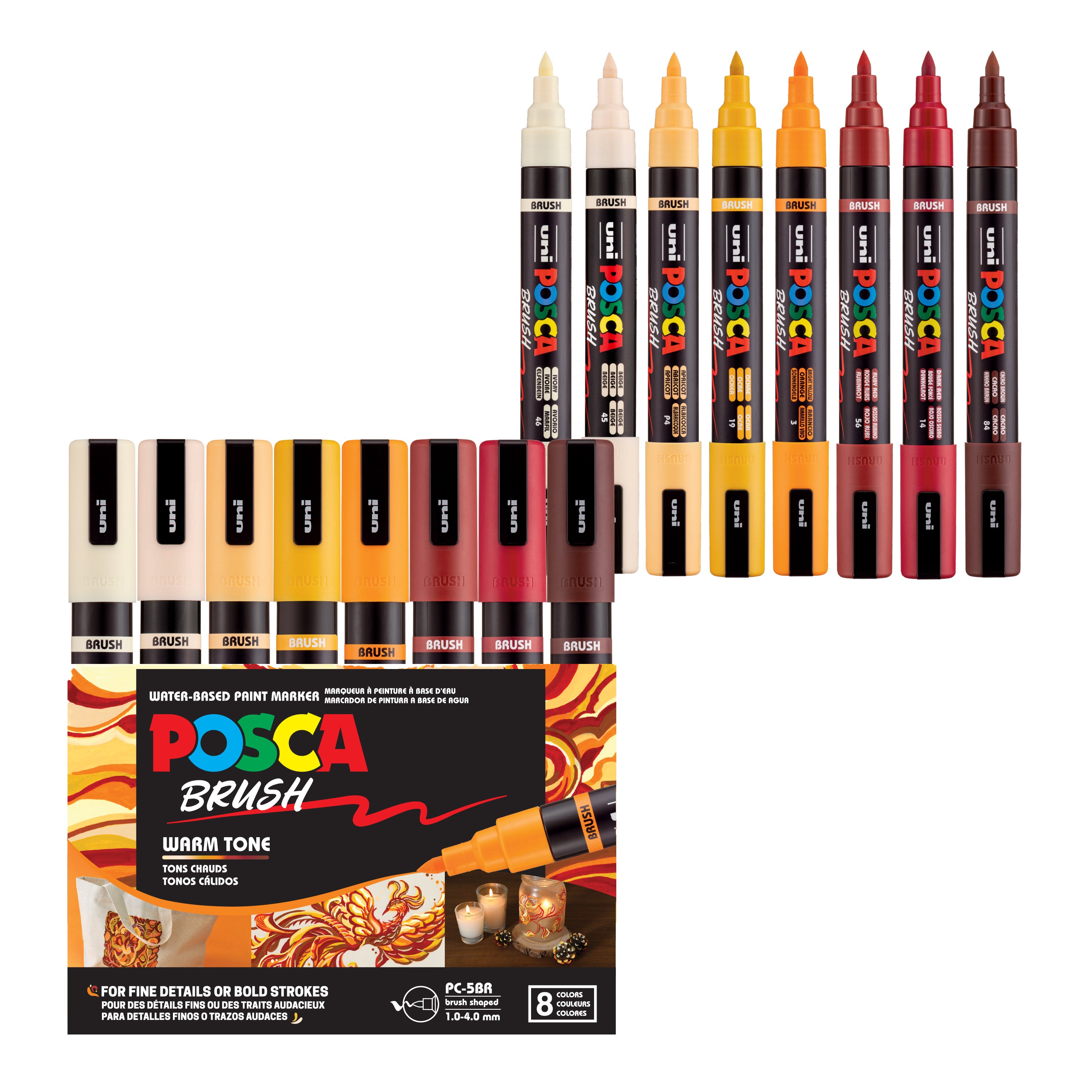 POSCA® PC-5BR Water-Based Paint Markers, Reversible Brush Tip (1.0–4.0 mm), 8 Count Assorted Warm Tones, 354530000, Front Image in package and out of packaging