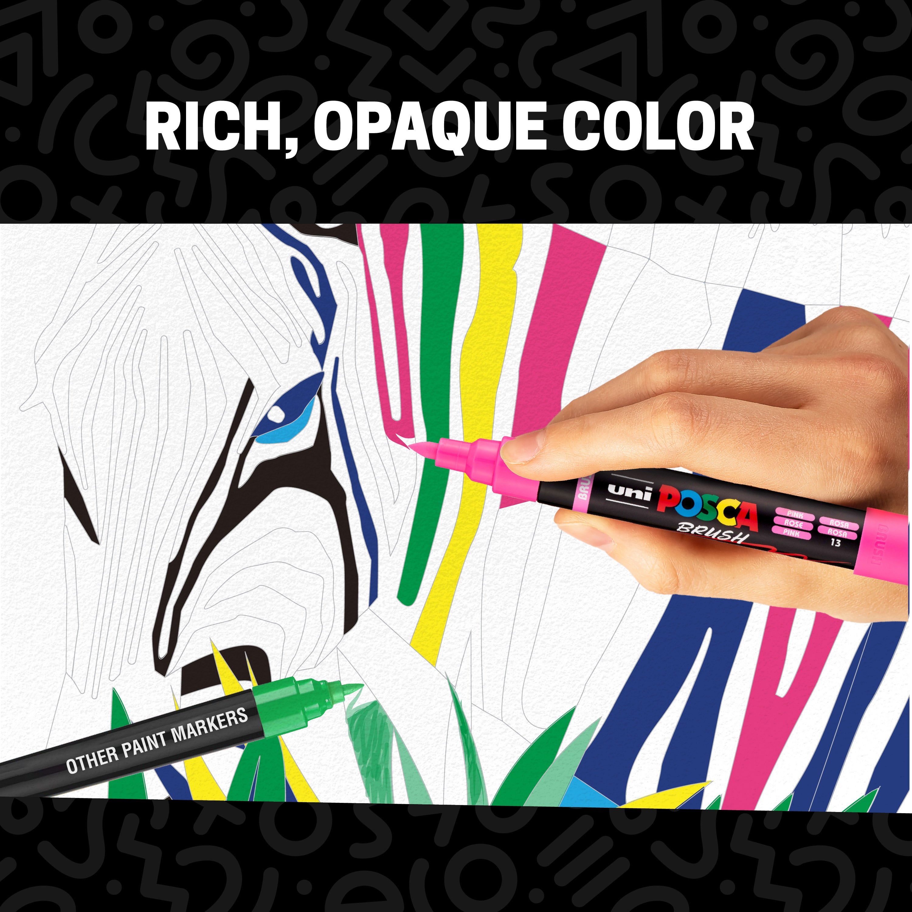 POSCA® PC-5BR Water-Based Paint Markers, Reversible Brush Tip (1.0–4.0 mm), 16 Count Assorted Colors, 311902000, In use image