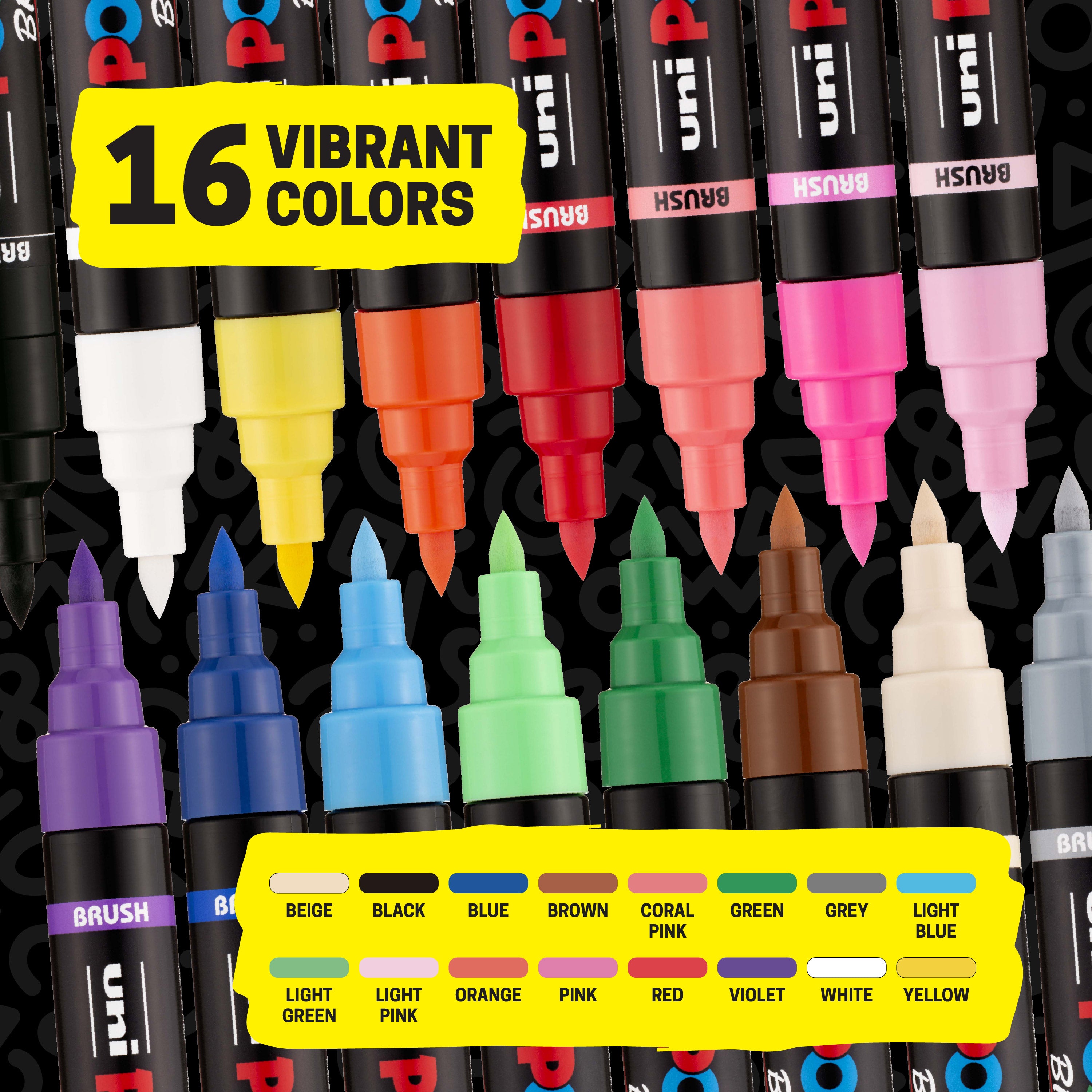 POSCA® PC-5BR Water-Based Paint Markers, Reversible Brush Tip (1.0–4.0 mm), 16 Count Assorted Colors, 311902000, color assortment