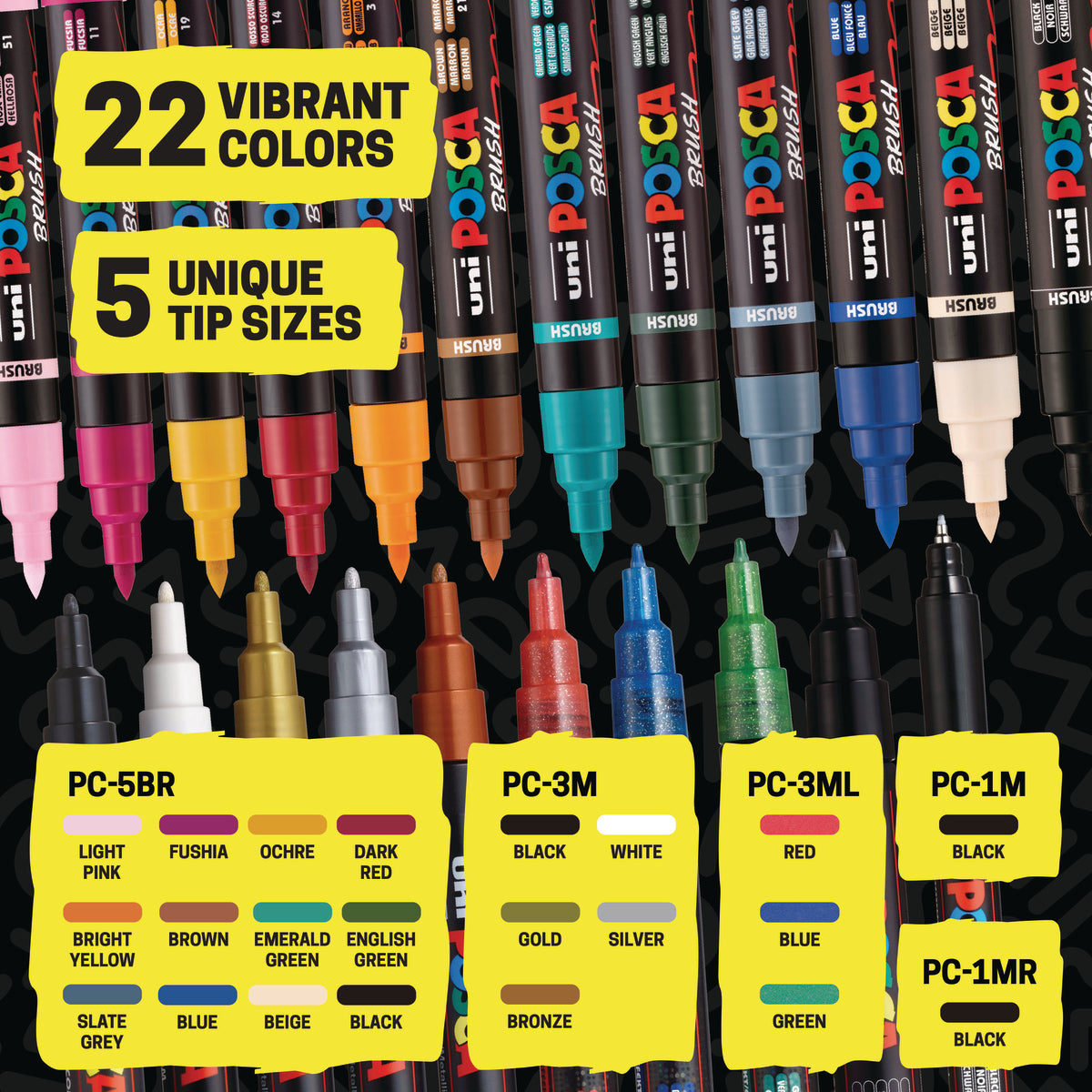 POSCA® 22 Count Holiday Color Paint Marker Kit, Featuring Brush & Bullet Tips, 71785, marker details with sizes and colors