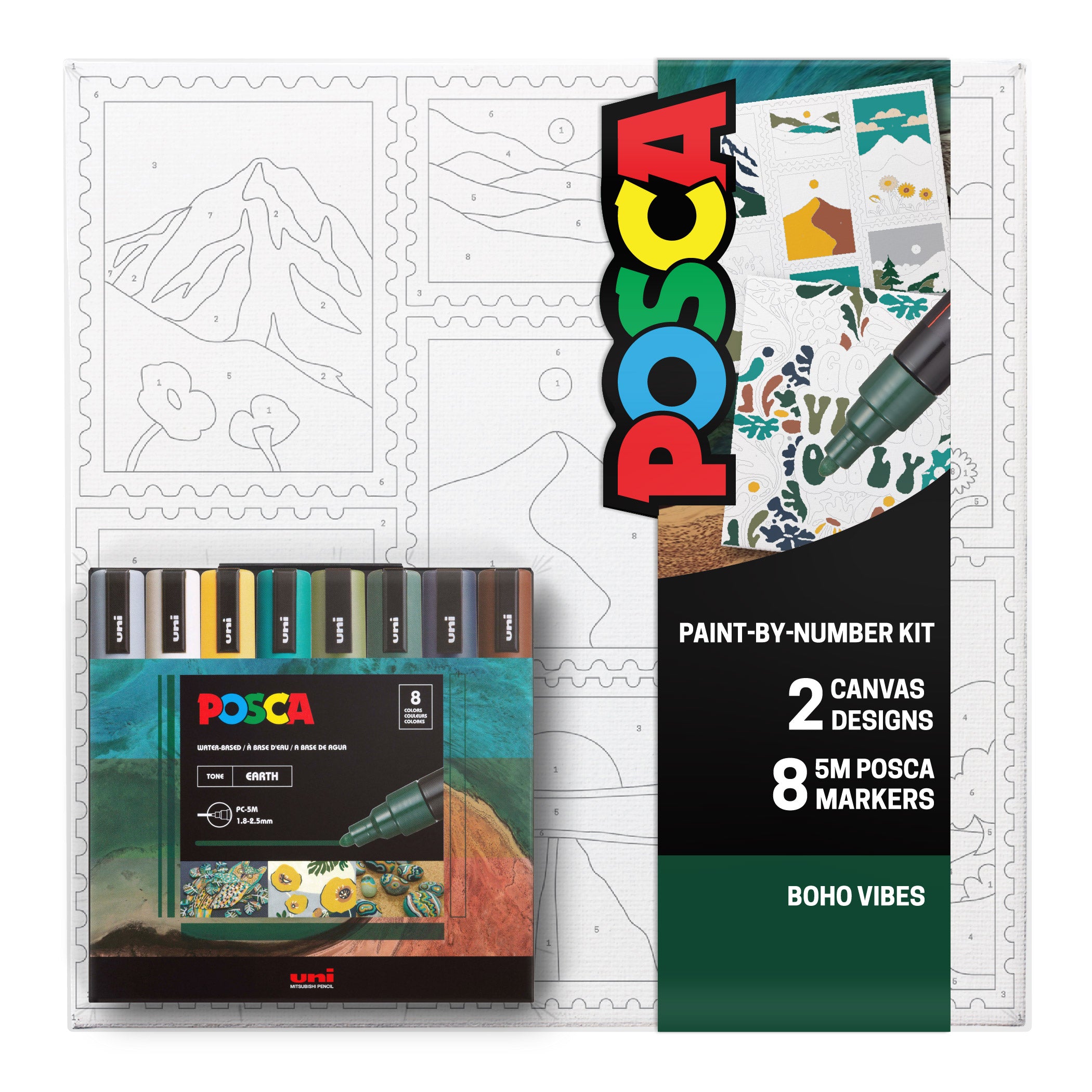 uni® POSCA® Paint-By-Number Canvas Kit, Boho Vibes, Earth Tones, 71055