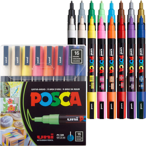 POSCA® PC-3M Water-Based Paint Markers, Fine Reversible Tip (0.9-1.3 mm), 16 Count Assorted Colors, PC3M16C, Front Image in package and out of packaging