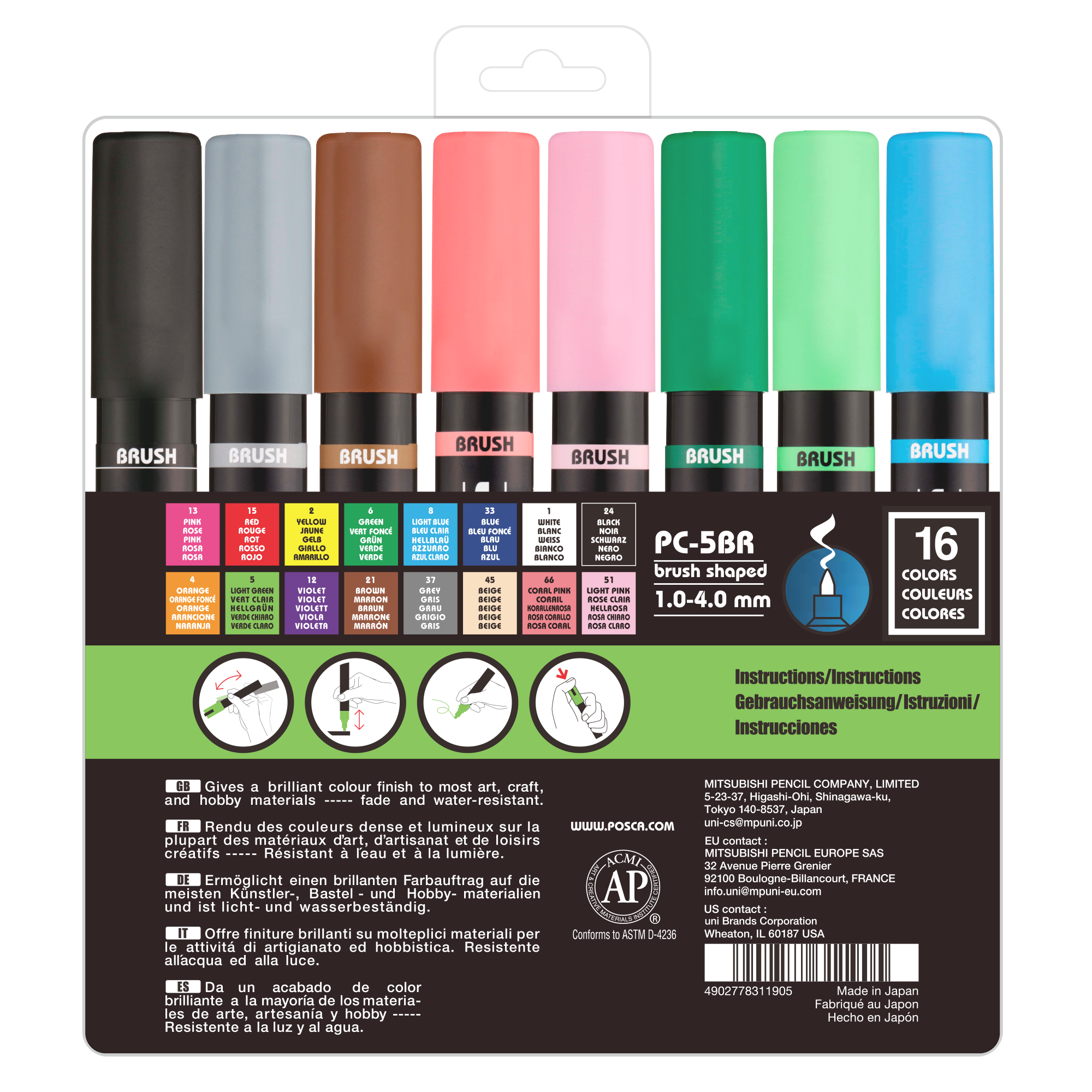 uni® POSCA® PC-5BR, Water-Based Paint Brush Tip Markers (16 Pack)