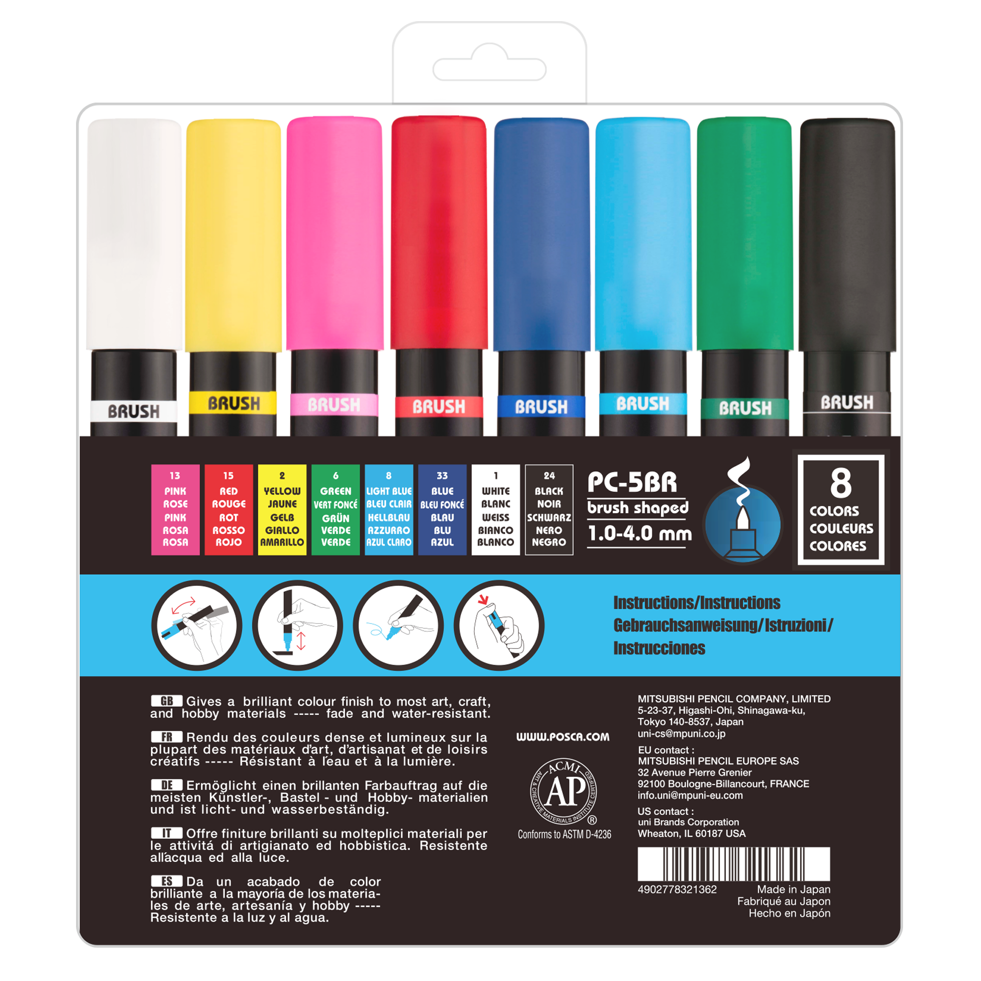 uni® POSCA® PC-5BR, Water-Based Brush Tip Paint Markers (8 Pack)