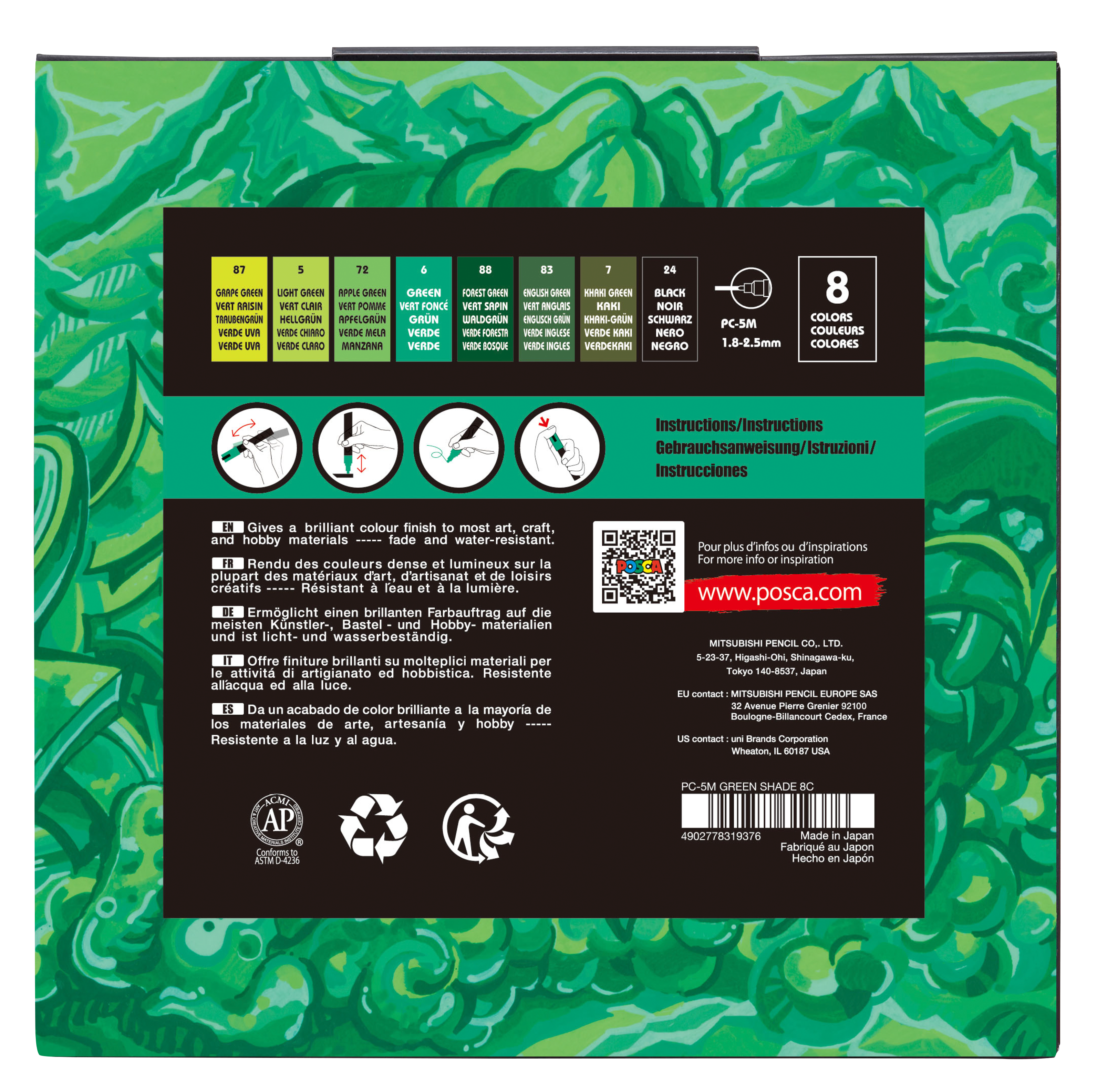 uni® POSCA® PC-5M, Green Shade Water-Based Paint Markers (8 Pack)