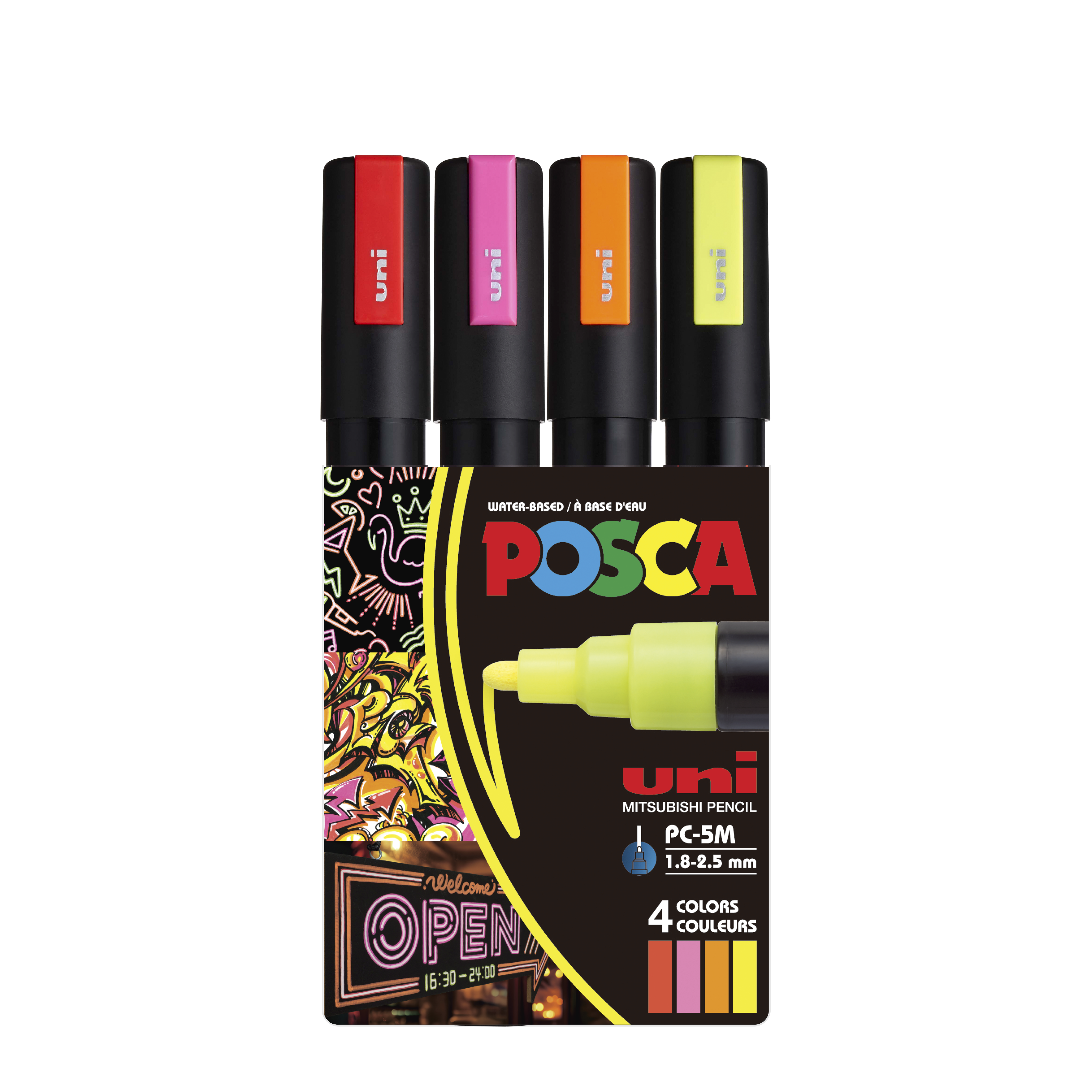 uni® POSCA® PC-5M, Neon Water-Based Paint Markers (4 Pack)
