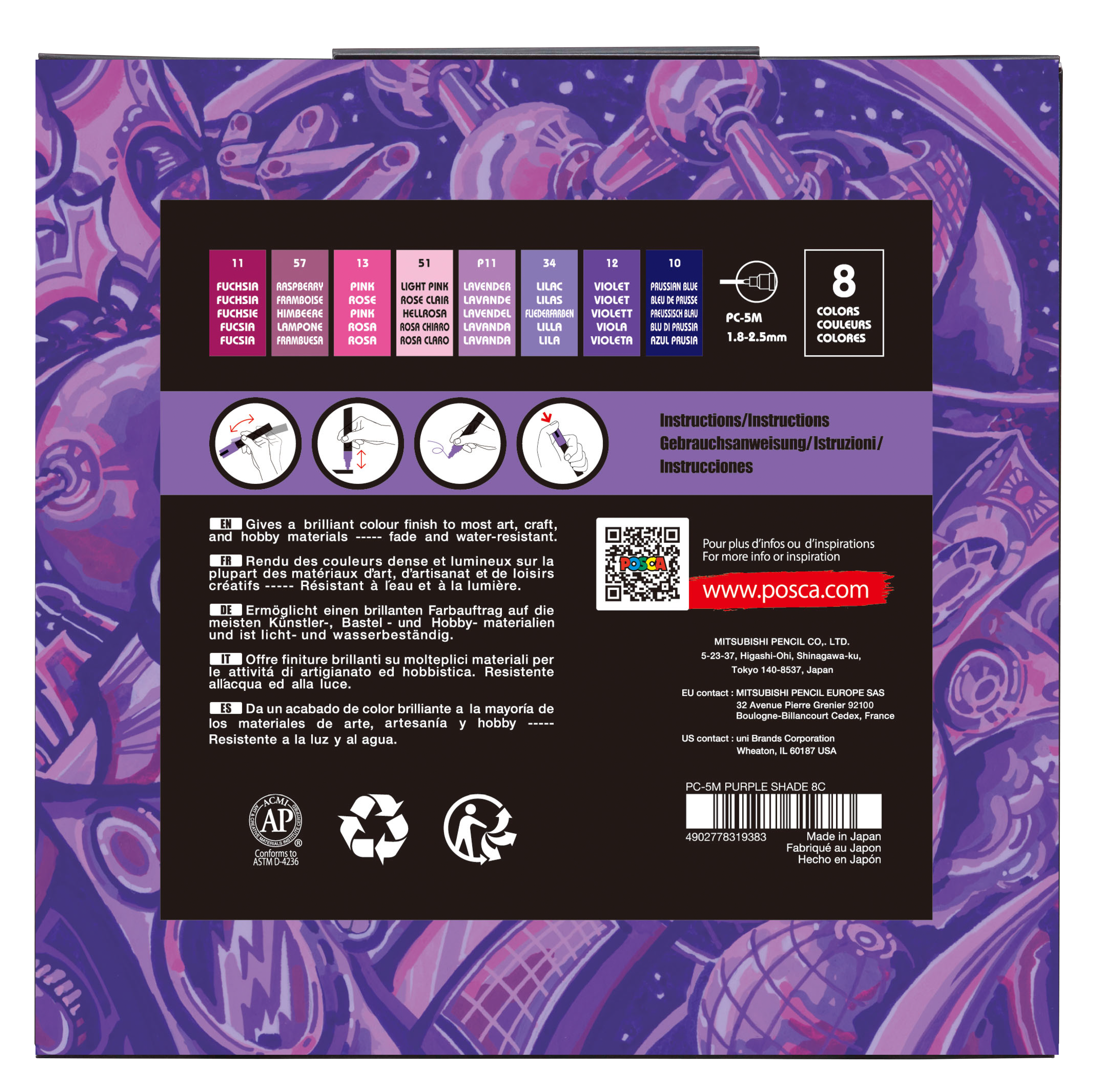 uni® POSCA® PC-5M, Purple Shade Water-Based Paint Markers (8 Pack)