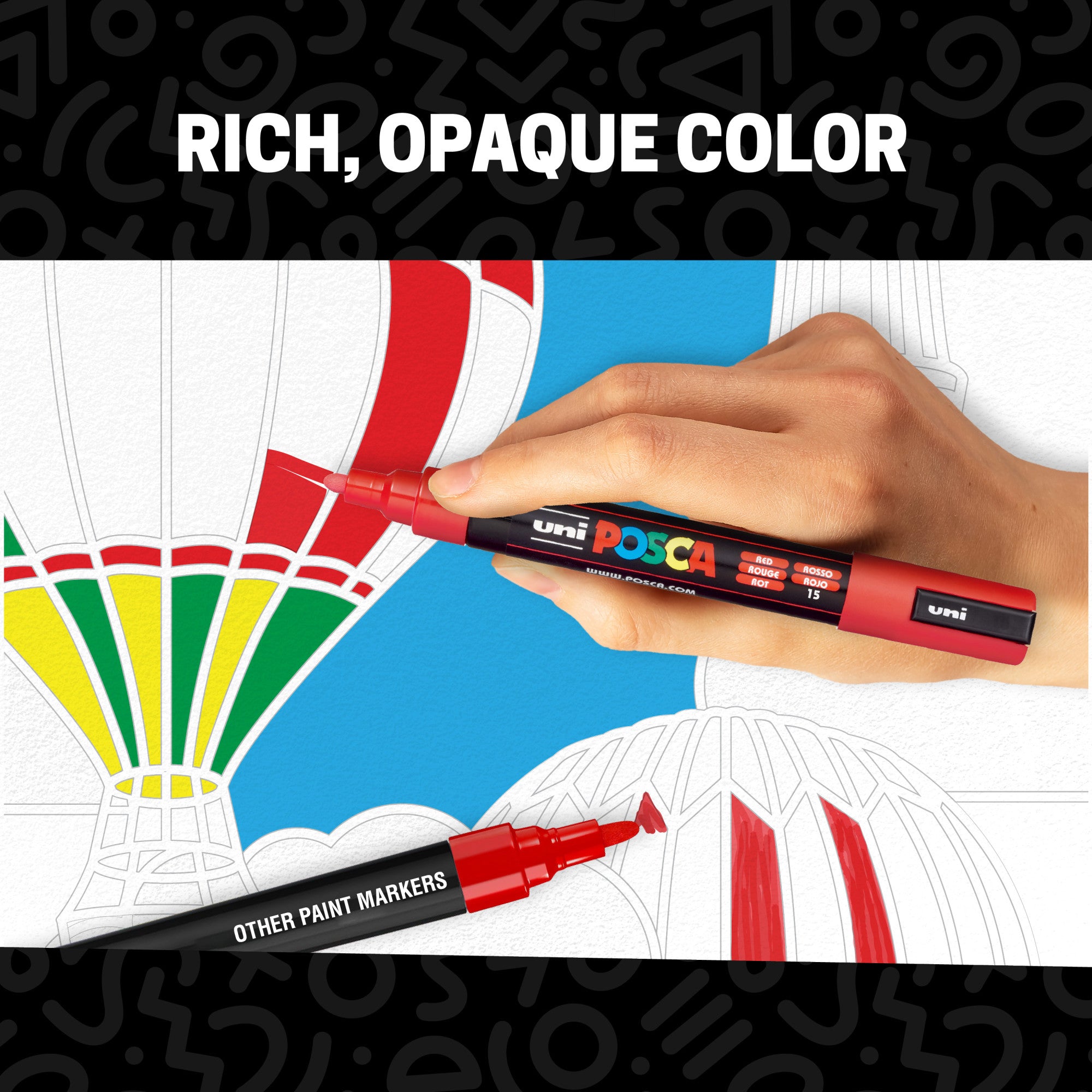 POSCA® PC-5M Water-Based Paint Markers, Medium Reversible Tip (1.0–4.0 mm), 16 Count Assorted Colors, PC5M16C, in use image