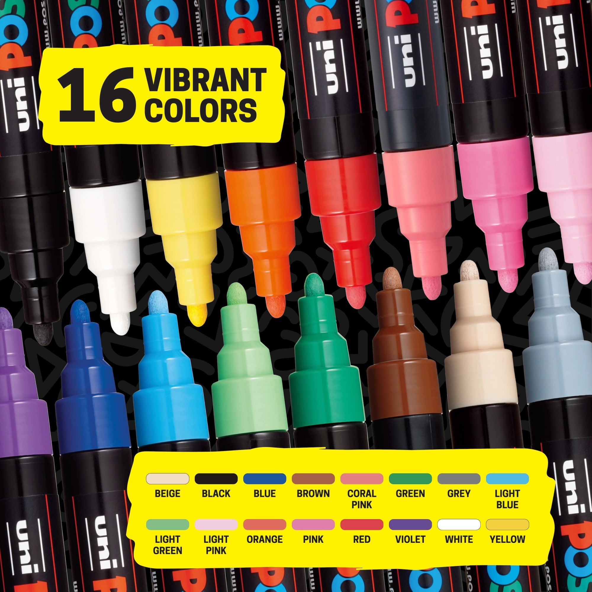 POSCA® PC-5M Water-Based Paint Markers, Medium Reversible Tip (1.0–4.0 mm), 16 Count Assorted Colors, PC5M16C, color assortment
