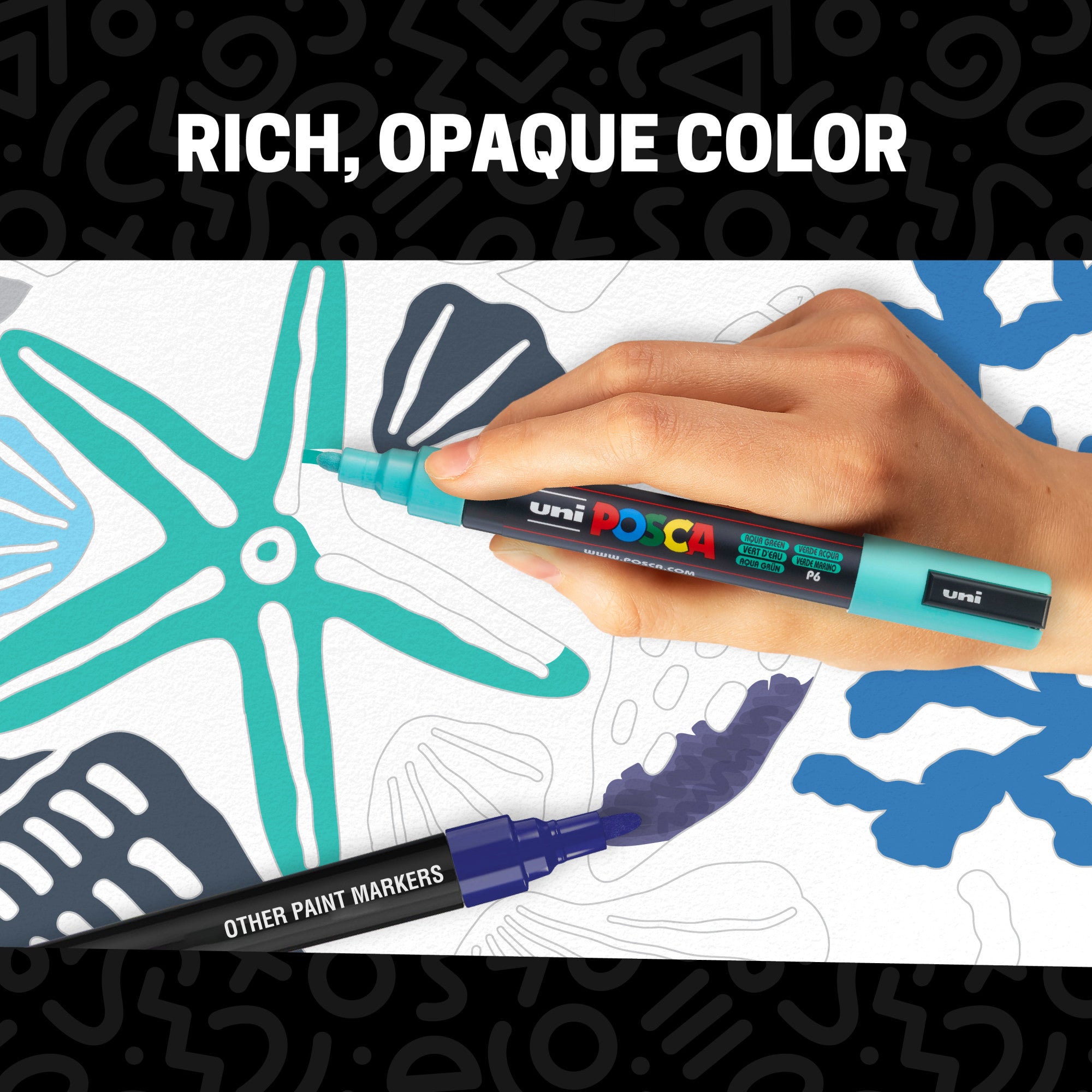 POSCA® PC-5M Water-Based Paint Markers, Medium Reversible Tip (1.8–2.5 mm), 8 Count Assorted Cool Tones, PC5M8CCOOLTONE, in use image