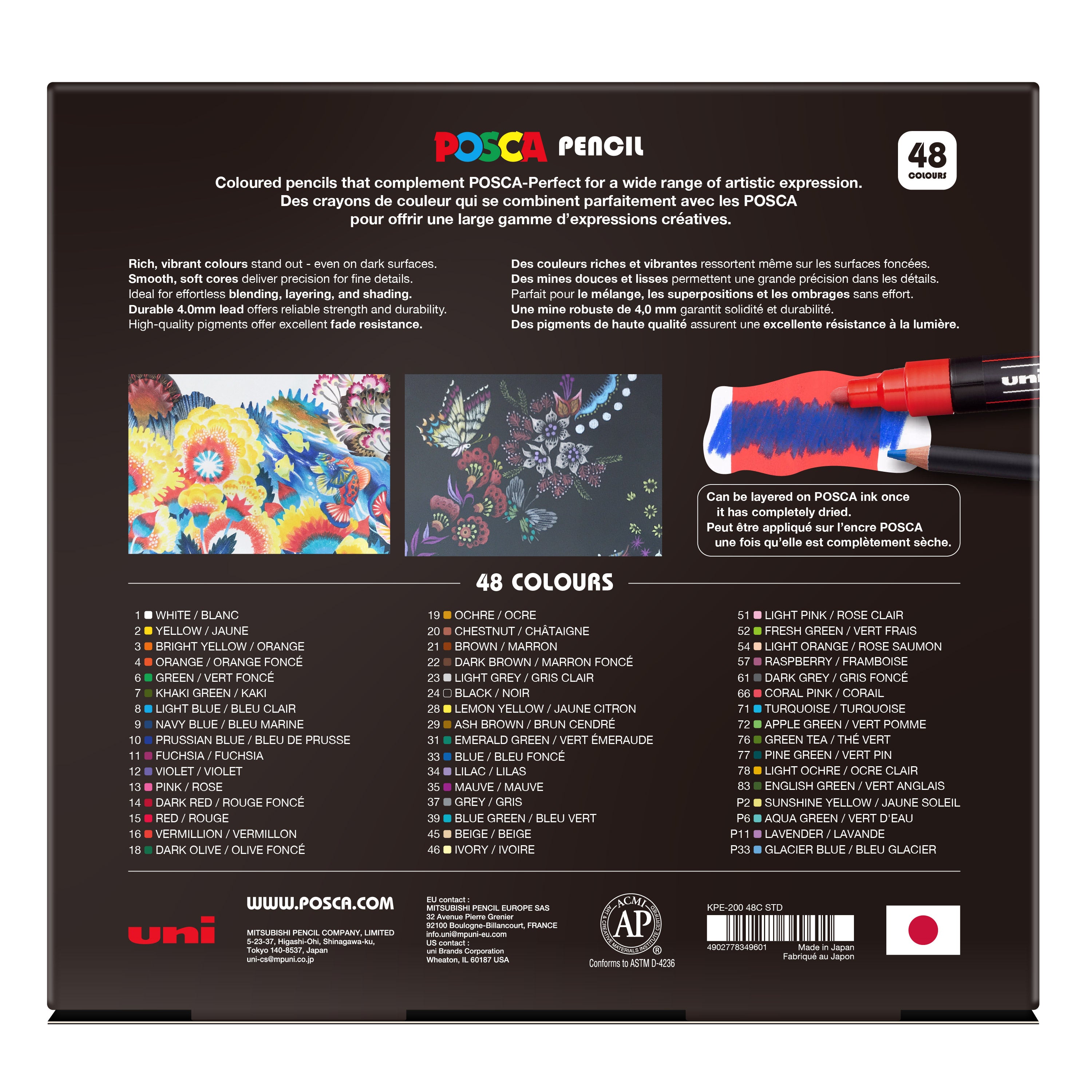 uni® POSCA Colored Pencils, 4.0mm Lead, Assorted Set, 48 Count