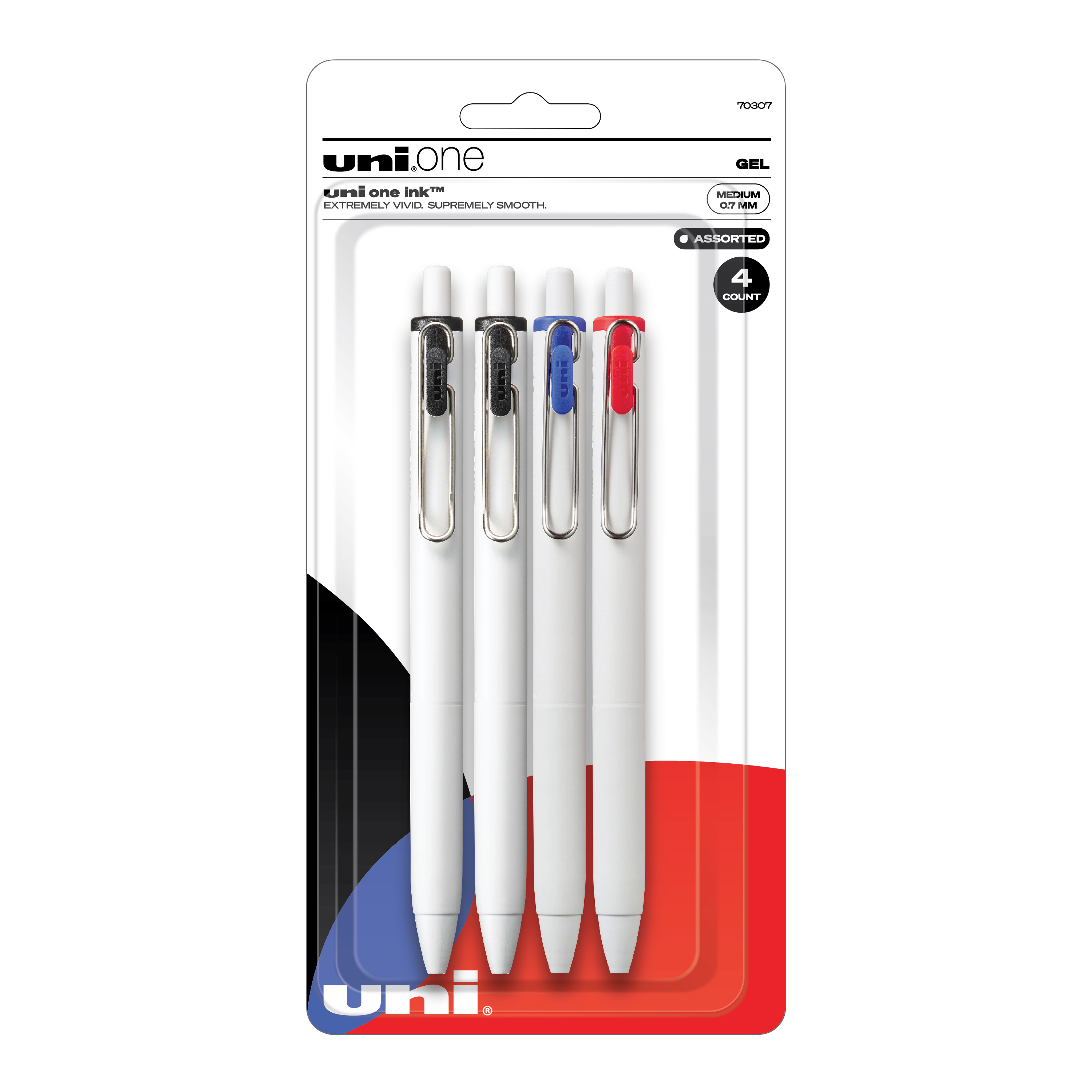 uniball™ one Retractable Gel Pens, Medium Point (0.7mm), Black, Blue & Red Ink, 4 Pack