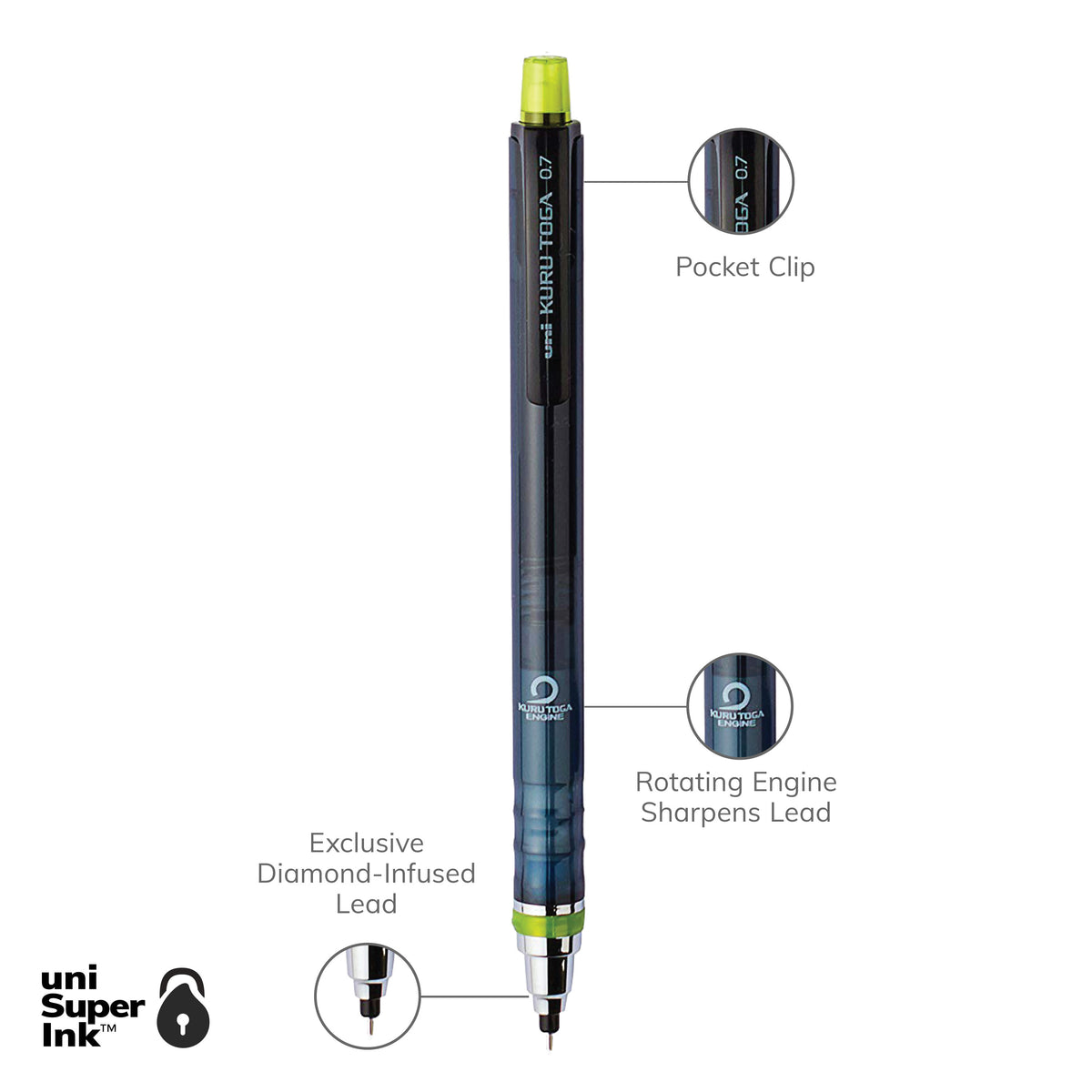 Uni-Ball Kuru Toga High Grade – Porte-Mine 0.5 Mm Auto-Aiguisant, Mécanisme Rotation, Aluminium Premium, Argenté