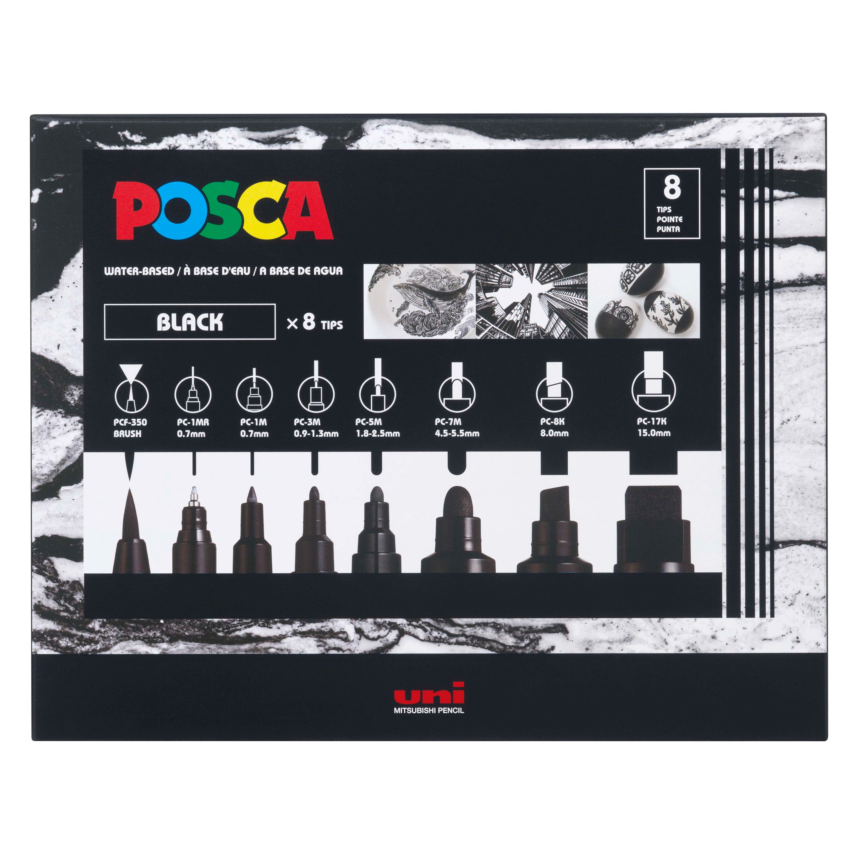 uni® POSCA® PC-MIX, Assorted Black Tips, Water-Based Paint Markers (8 Pack)