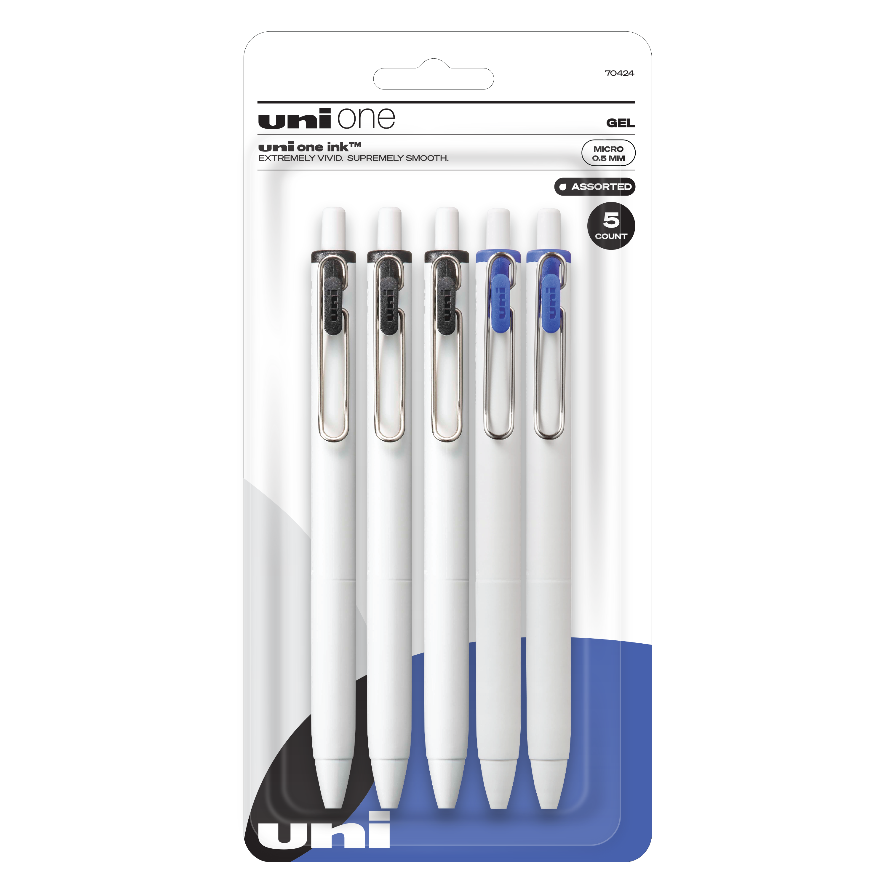 uniball™ one Retractable Gel Pens, Micro Point (0.5mm), Black & Blue Ink, 5 Pack