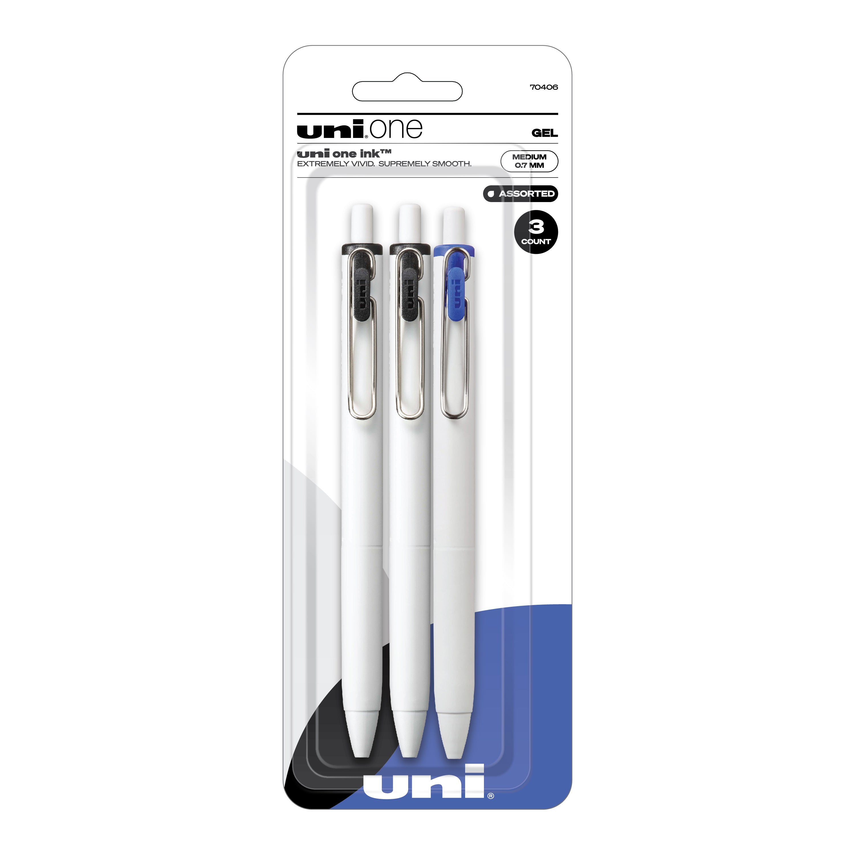 uniball™ one Retractable Gel Pens, Medium Point (0.7mm), Assorted Ink, 3 Pack