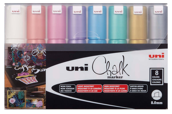uni Chalk Markers, PWE-8k Metallic Broad Tip Marker - Assorted Color, 8 Pack